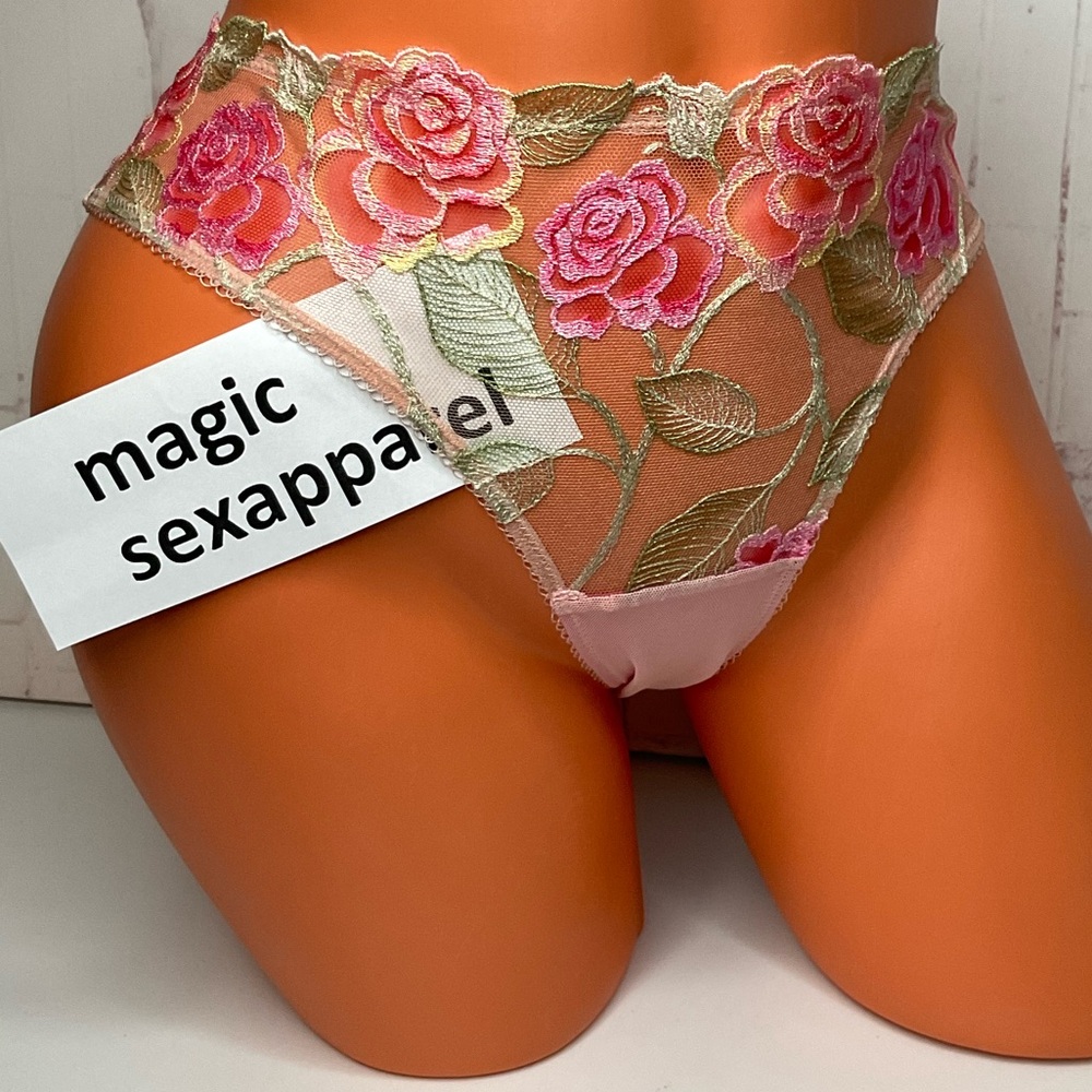 VS M HIGH-LEG BRAZILIAN PANTY EMBROIDERY APPLIQUÉ FLORAL SHEER MESH SUBTLE LEAF